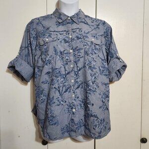 Croft & Barrow 2X Top Blue Floral 100% Cotton Button Up Roll Tab Sleeve Shirt